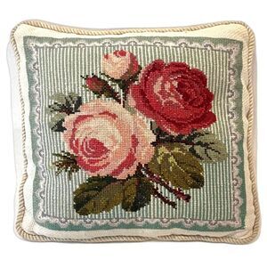Handmade Petite Point X-Stitch Pillow Roses Pink Green Square Elizabeth Bradley